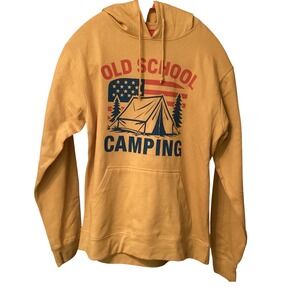 Delta Fleece Old School Camping Graphic Hoodie Mustard Yellow Women Medium